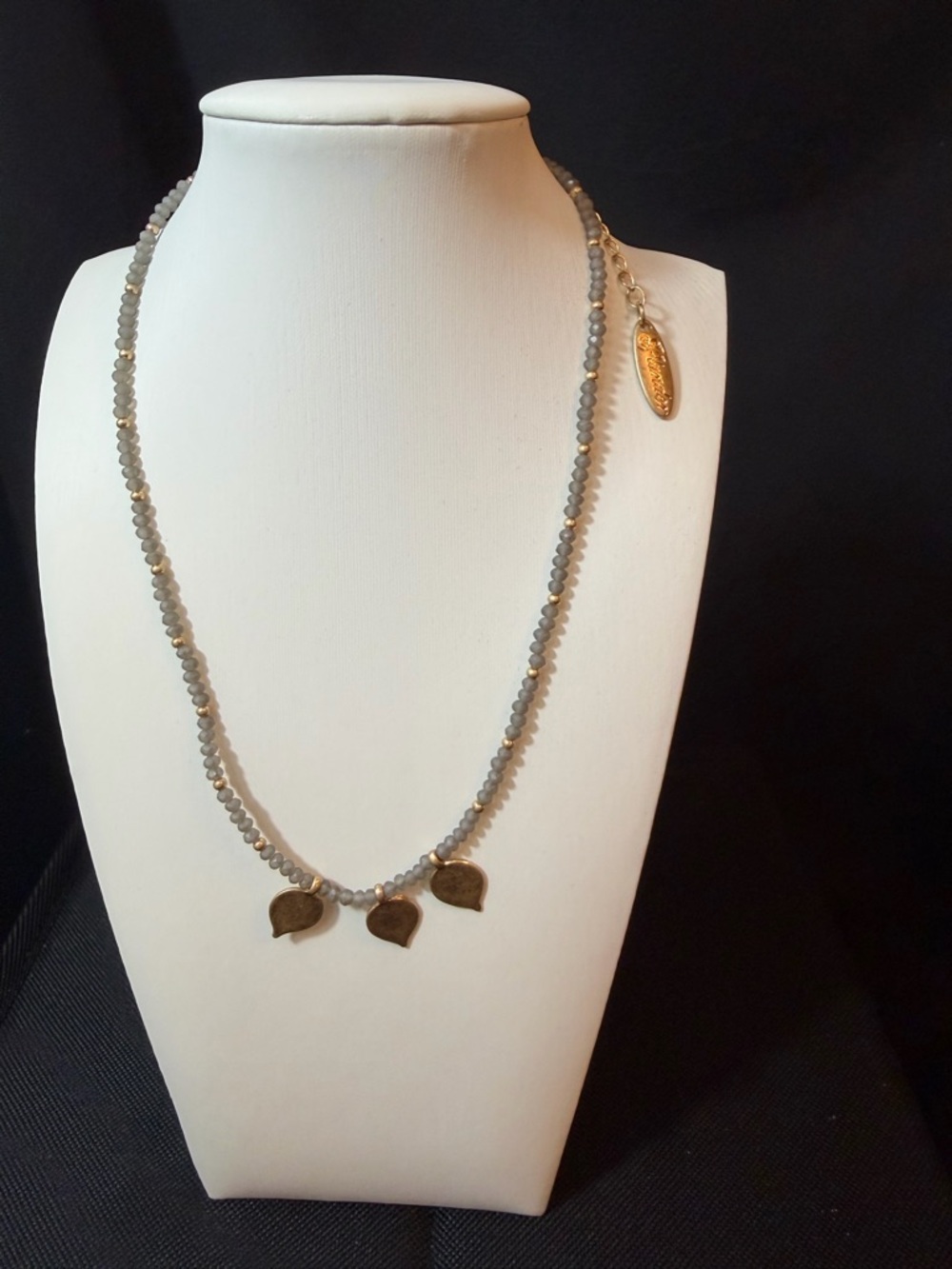 Plunder Grey Beaded Necklace with Gold Leaf Charms